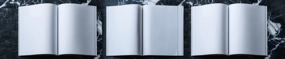 Poster - An illustration of a realistic magazine mockup rendered on dark granite background. Three variations of a blank soft cover magazine mockup are shown.