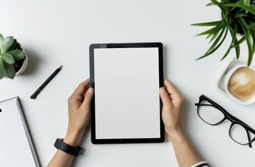 Poster - The hands of a businesswoman use a tablet and smartphone mockup on a white desk. The phone has a blank screen for montage.