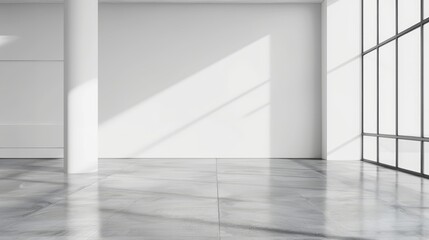 Fototapete - This 3D rendering shows a blank wall in a bright office mockup with large windows and the sun shining through it
