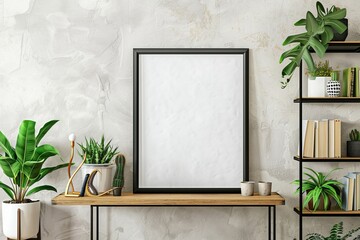 Poster - Template of living room with black poster mock up frame, shelf, cactus, plant, books, photo camera, wooden ladder and elegant personal accessories. Grunge wall. Stylish home decor.