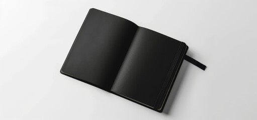 Poster - Mockup of a black leather notebook with a light grey background, showing it from all angles, closed and open.