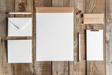 Poster - The design mockup is a blank set of corporate stationery on a wood table background. Corporate identity template.