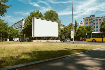Poster - The blank billboard mockup has a city street background, which can be used for advertising
