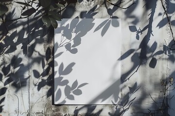 Aufkleber - Poster mockup with white horizontal rectangle and light shadow on light grey concrete wall. Flat lay, top view.