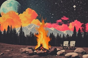 Canvas Print - Collage Retro dreamy campfire landscape astronomy outdoors.