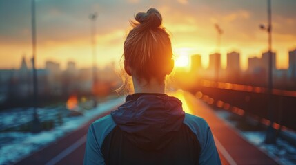 Woman on a bridge watching a beautiful sunrise over a city. Peaceful morning scene with vibrant colors and a serene atmosphere.