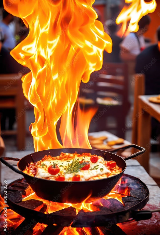 sizzling flaming saganaki greek cheese appetizer fire platter ...