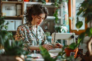 woman sewing on a modern sewing machine in tailor studio