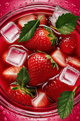 Poster - Strawberries in strawberry jam with ice cubes and green leaves in a jar.Top view