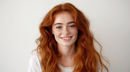 Canvas Print - Smiling young woman with long, wavy red hair and freckles against a plain white background.