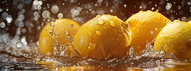 Wall Mural - lemons in water drops close-up. Selective focus