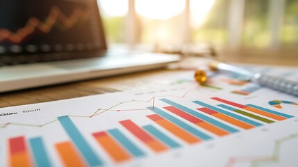 Poster - Laptop and spreadsheet with colorful charts on table for analyzing data graph business strategy. AI generated