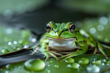 Wall Mural - Baby Frog: A tiny green froglet, sitting on a lily pad in a pond. 