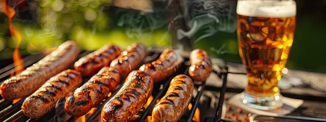 Poster - fried sausages and beer. selective focus