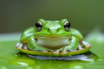 Wall Mural - Baby Frog: A tiny green froglet, sitting on a lily pad in a pond. 