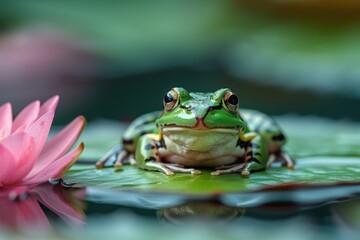 Wall Mural - Baby Frog: A tiny green froglet, sitting on a lily pad in a pond. 