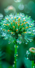 Wall Mural - A flower with droplets of water on it. The flower is green and yellow, with a few brown spots