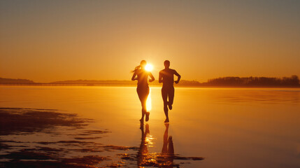 Poster - Two people running along a beach at sunset with the sun near the horizon, casting a golden glow and creating reflections on the wet sand.