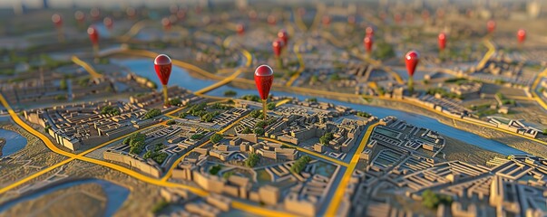 several red map pins mark an area on a three-dimensional map