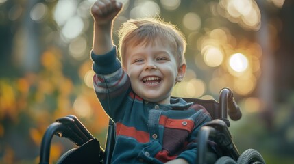 Sticker - Joyful child in a wheelchair outdoors, smiling broadly with raised arm, surrounded by warm autumn colors and bright sunlight.