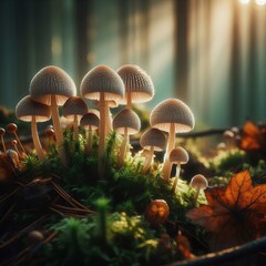 Wall Mural - Macro shot capturing the intricate details of mushrooms growing on the forest ground.