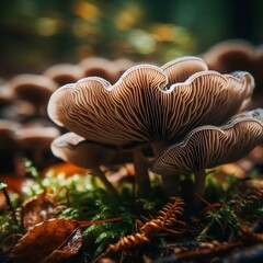 Wall Mural - Macro shot capturing the intricate details of mushrooms growing on the forest ground.