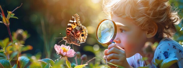 Smiling child looking at butterfly through magnifying glass.nature