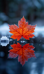 Wall Mural - A leaf is on top of a snow covered surface. The leaf is orange and has a frosty appearance