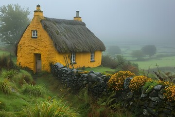 Canvas Print -  Charming yellow cottage with classic thatched roof.