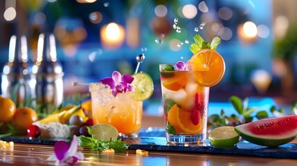 Wall Mural - Vibrant Cocktail Themed Presentation with Colorful Drinks and Garnishes on Festive Table Decor