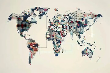 Poster - A colorful pixel art world map with outlines for each continent. Generative AI