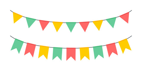 Festive flag garlands. Colored garlands of triangular flags. Carnival, birthday or party design decoration. Vector illustration.