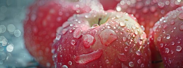 Wall Mural - apples in water drops close-up. Selective focus