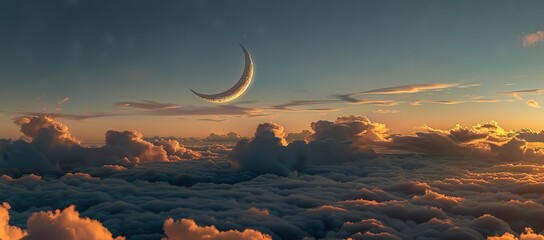 Wall Mural - illustration of a crescent moon above a sea of ​​clouds with a sunset background