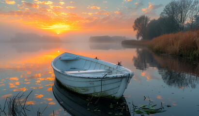 Wall Mural - A small white boat sits in a lake with a beautiful sunset in the background