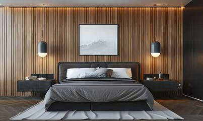 Wall Mural - A beautifully designed modern bedroom with wood paneling on the wall, a vertical picture frame mockup positioned above the bed, and sleek night light sconces providing a cozy ambiance