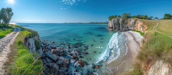 Canvas Print - Coastal View with Rocky Cliffs and a Sandy Beach