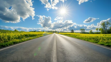 Wall Mural - The road through a field of blooming rapeseed img