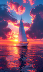 Wall Mural - A sailboat is sailing in the ocean with a beautiful sunset in the background