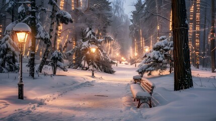 Poster - Winter park with snow-covered trees frozen ponds img