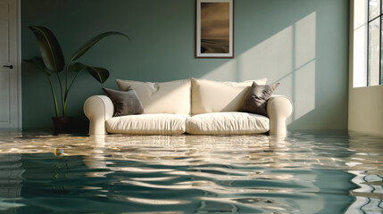 Poster - Modern living room with a white sofa, green potted plant, framed picture on the wall, and a flooded floor reflecting sunlight from a window.