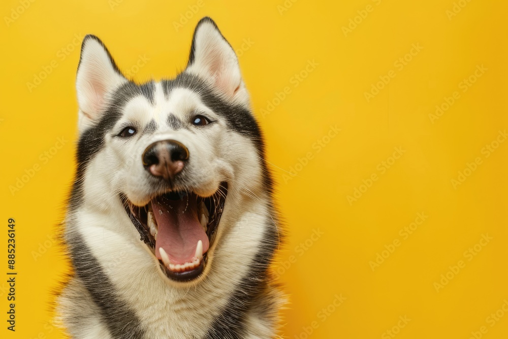 Amusing husky dog with different colored eyes laughing with tongue out ...