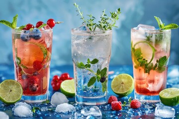 Classic cocktails with berries lime herbs and ice on blue background