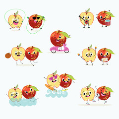 Wall Mural - Cute red apple character with many expressions, fruit different activities, poses vector illustration flat design set.