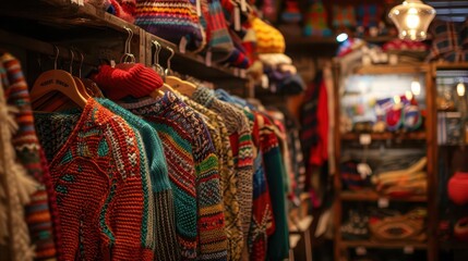 vintage winter wonderland eclectic display of colorful retro sweaters scarves and winter accessories in a charming secondhand store warm nostalgic lighting enhances textures