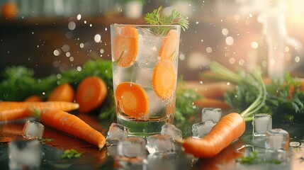 Canvas Print - Fresh carrots in a glass with ice cubes picture