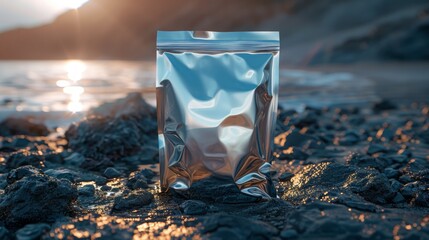 Canvas Print - Empty metalic pouch mockup, packet, placed on a dark gray rocky water surface round white light in the background  