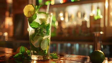 Sticker - Non-alcoholic mojito with mint leaves and lime slices img