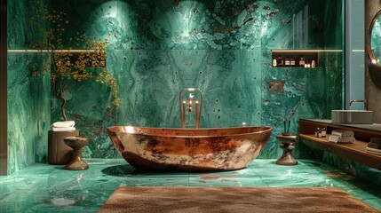 Wall Mural - Bathroom with copper bathtub and green marble walls 