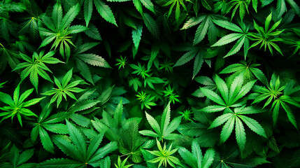 Sticker - Dense arrangement of green cannabis leaves with distinctive jagged edges and pointed tips.